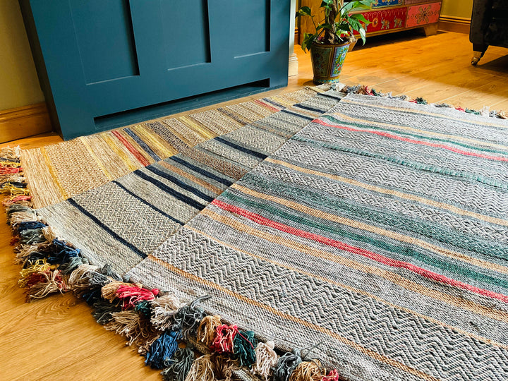 Multi Colour Cotton Geometric and Striped Rug With Multi Colour Tassels 90 cm x 150 cm