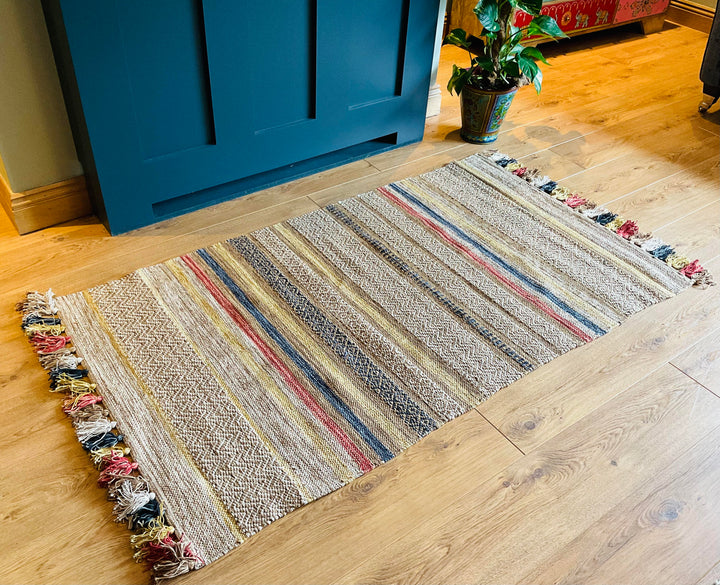 Multi Colour Cotton Geometric and Striped Rug With Multi Colour Tassels 90 cm x 150 cm