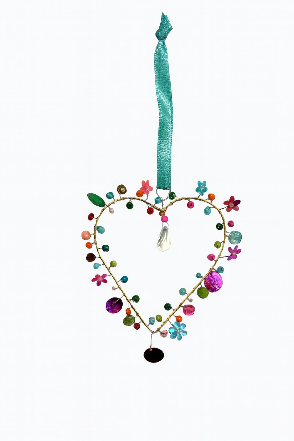 Decorative heart-shaped ornament with colorful beads and flowers on a white background