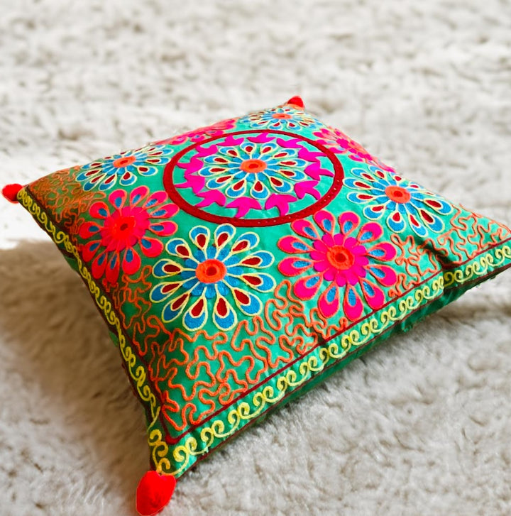 Green Boho Indian Style Cushion Cover With Pom Pom's