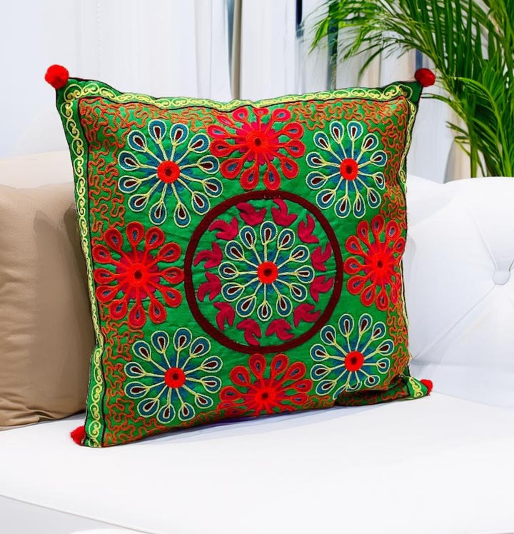 Green Boho Indian Design Cushion Cover With Pom Pom's