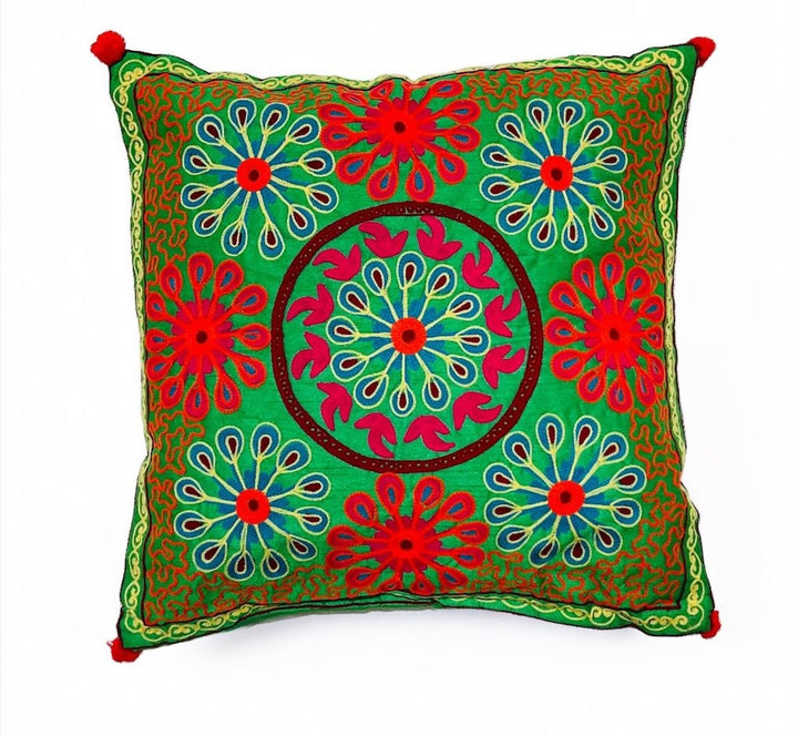 Green Boho Cushion In a White Background
