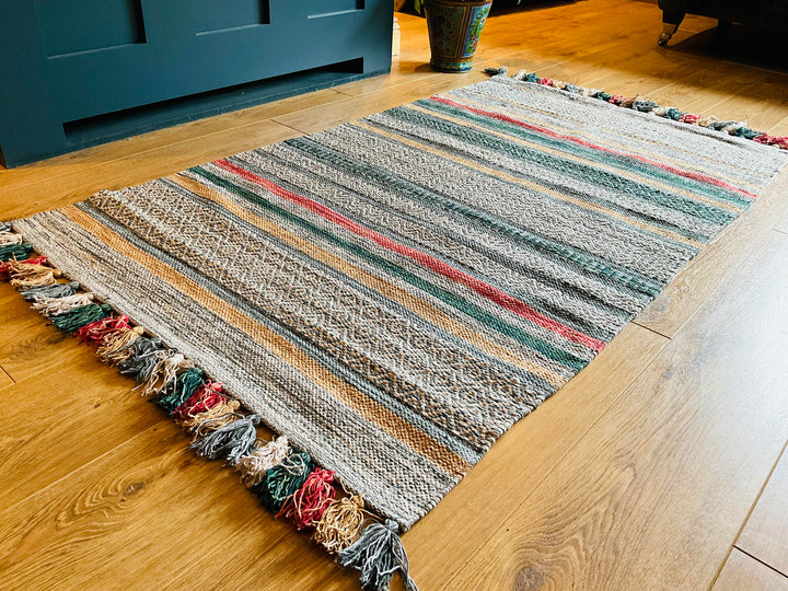 Multi Colour Cotton Geometric and Striped Rug With Multi Colour Tassels 90 cm x 150 cm