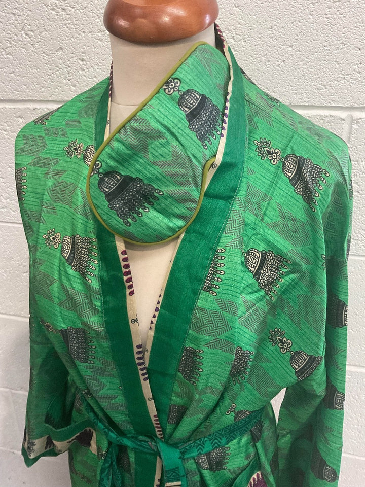 Green Dressing Gown Made from Recycled Sari's With Matching Eye Mask Small / Medium