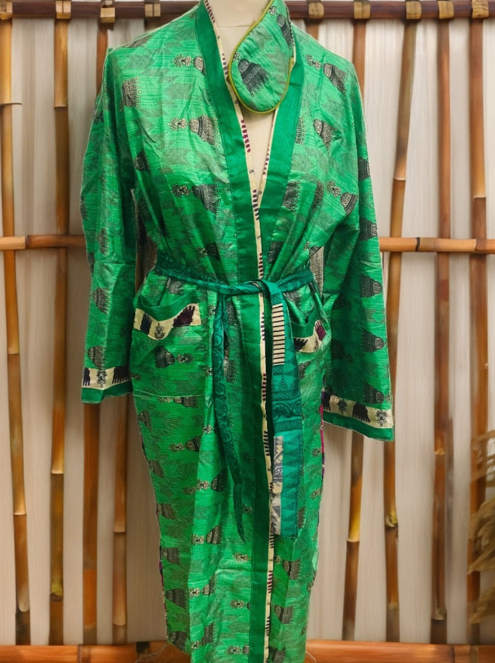 Green Dressing Gown Made from Recycled Sari's With Matching Eye Mask Small / Medium