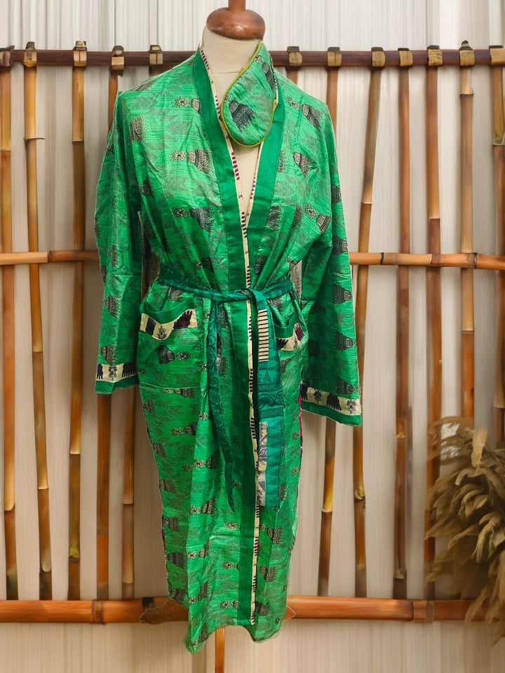Green Dressing Gown Made from Recycled Sari's With Matching Eye Mask Small / Medium