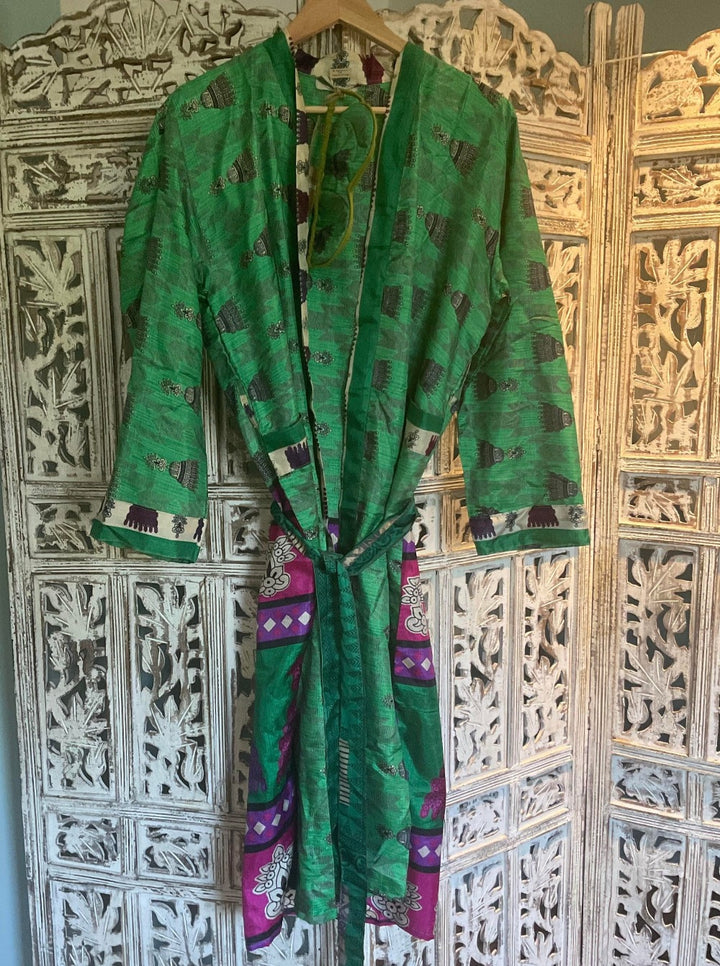 Green Dressing Gown Made from Recycled Sari's With Matching Eye Mask Small / Medium