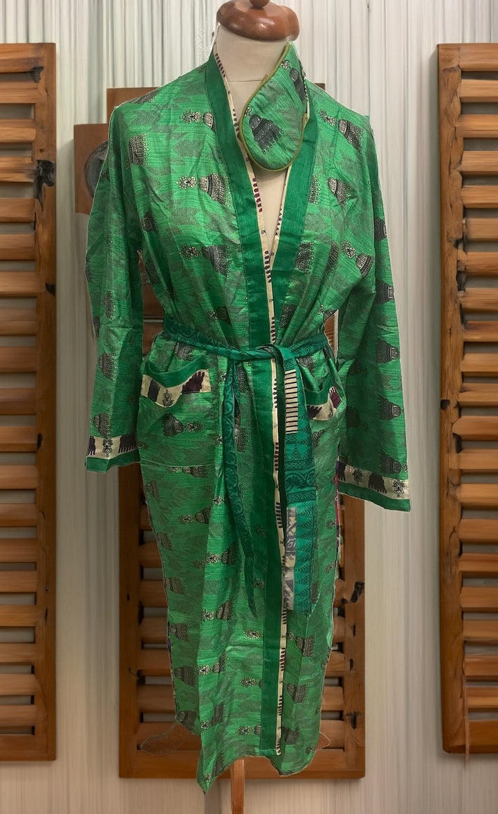 Green Dressing Gown Made from Recycled Sari's With Matching Eye Mask Small / Medium
