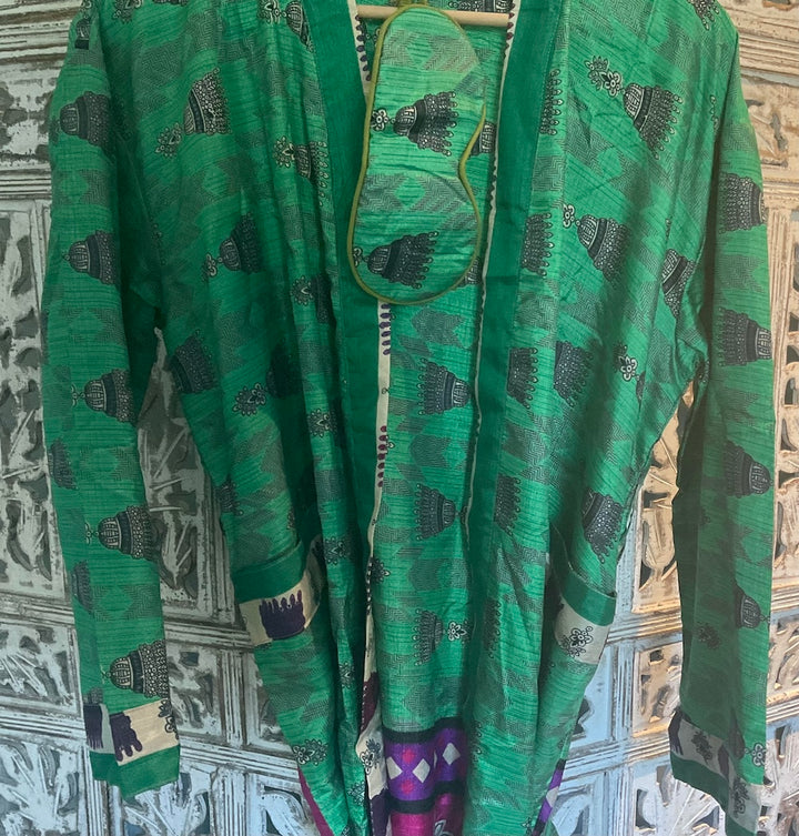 Green Dressing Gown Made from Recycled Sari's With Matching Eye Mask Small / Medium