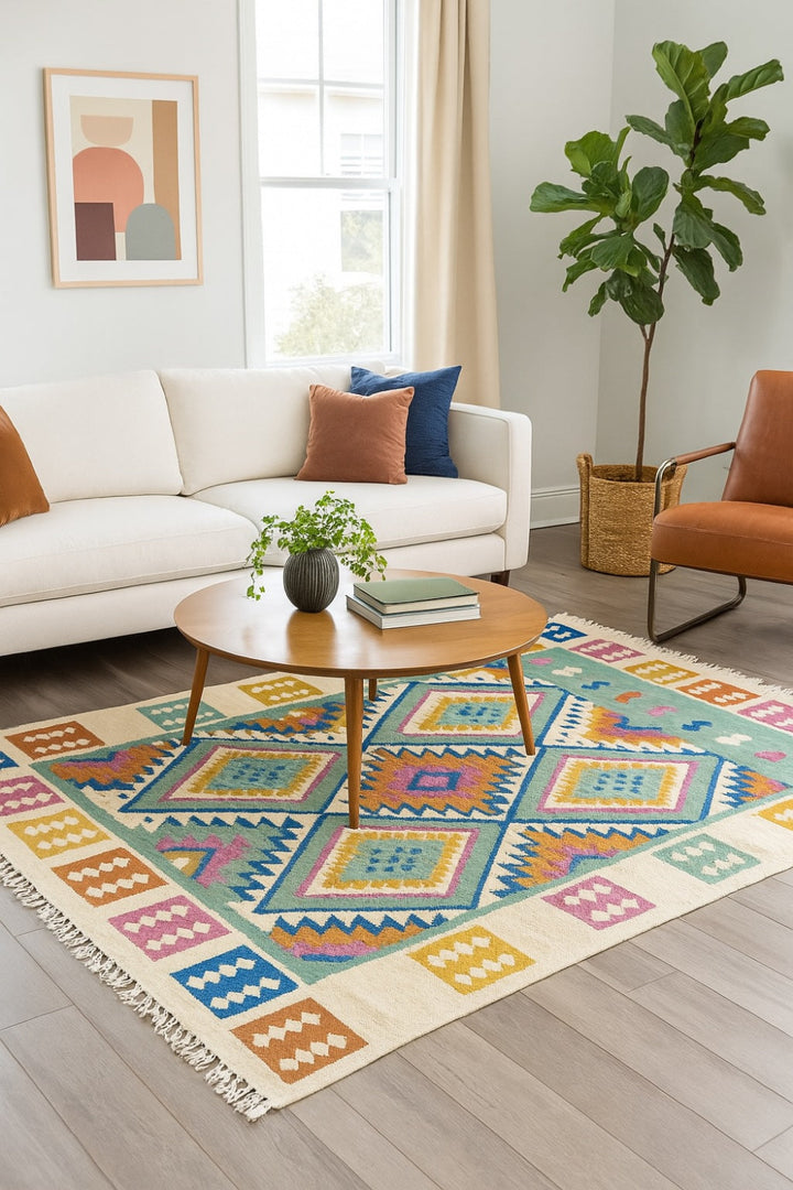 Handwoven Indian kilim rug with a colourful geometric pattern in a modern living room featuring a cream sofa, round wooden coffee table, and indoor plant.