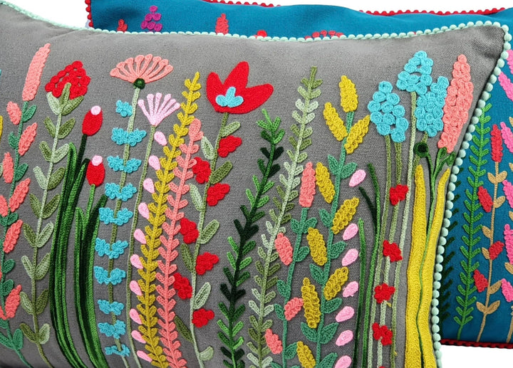 Grey Embroidered Floral Cotton Cushion Close Up