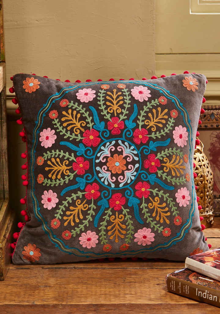 Grey Square Cotton Floral Cushion Cover - Second Nature Online