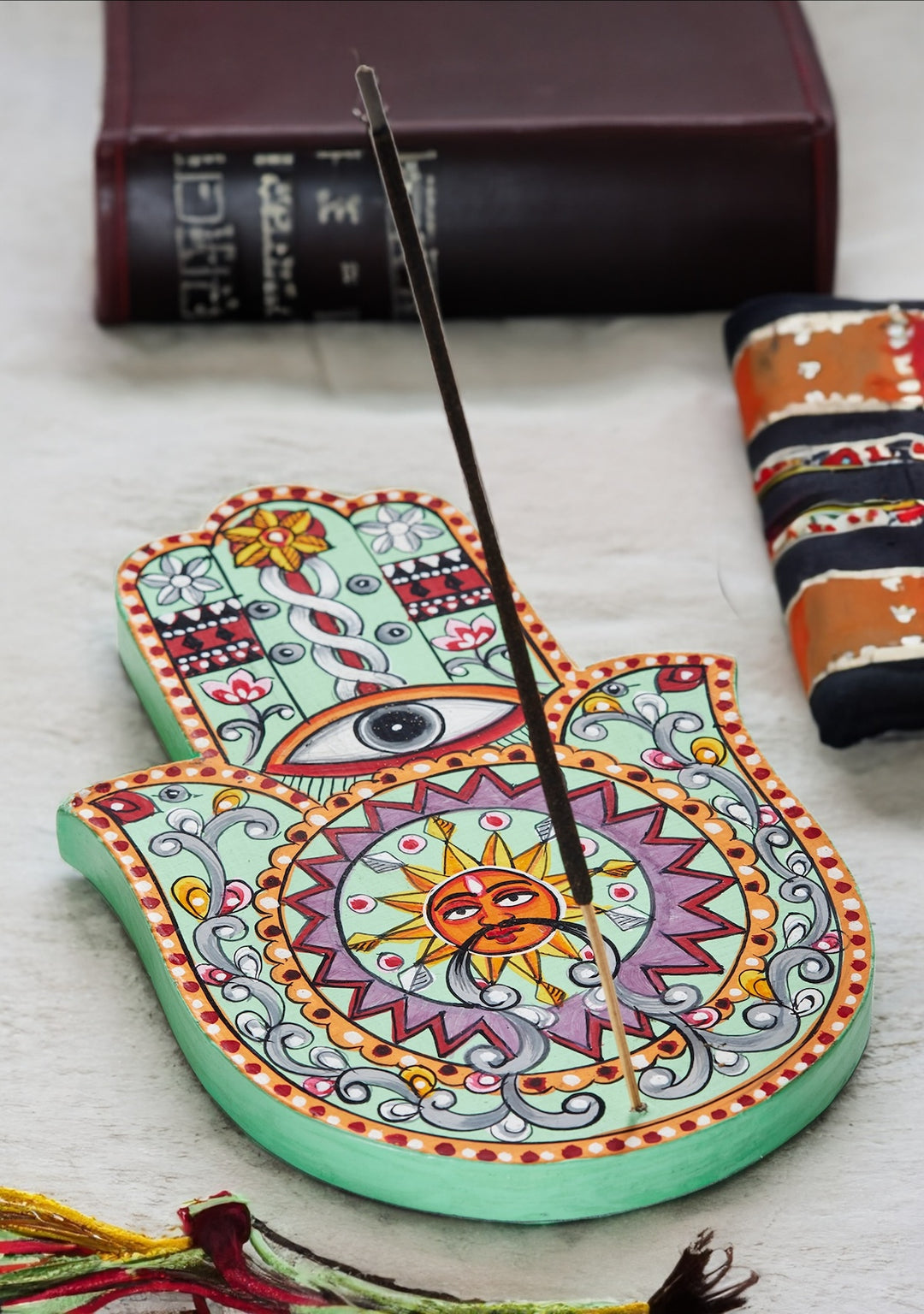 Incense Stick Holder Made from Recycled Wood - Hamsa Hand Mandala Design