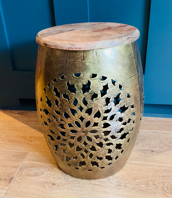 Jaali Indian Metal Hand Cut Lamp Table Stool With Wooden Top