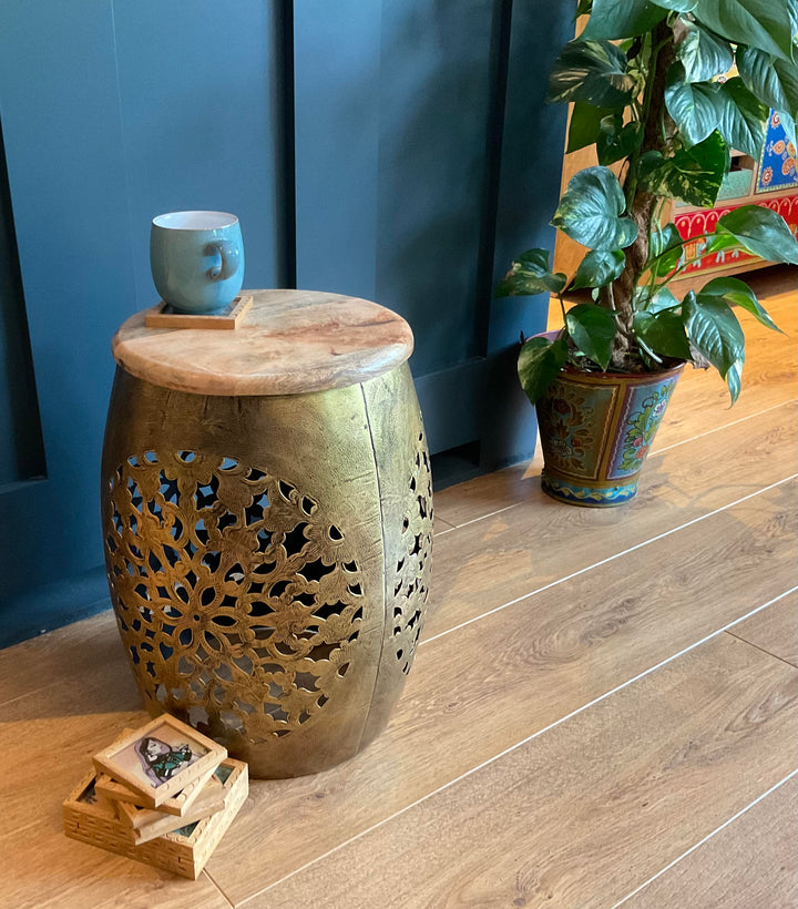 Jaali Indian Metal Hand Cut Lamp Table Stool With Wooden Top