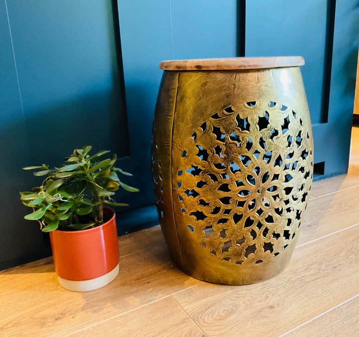 Jaali Indian Metal Hand Cut Lamp Table Stool With Wooden Top