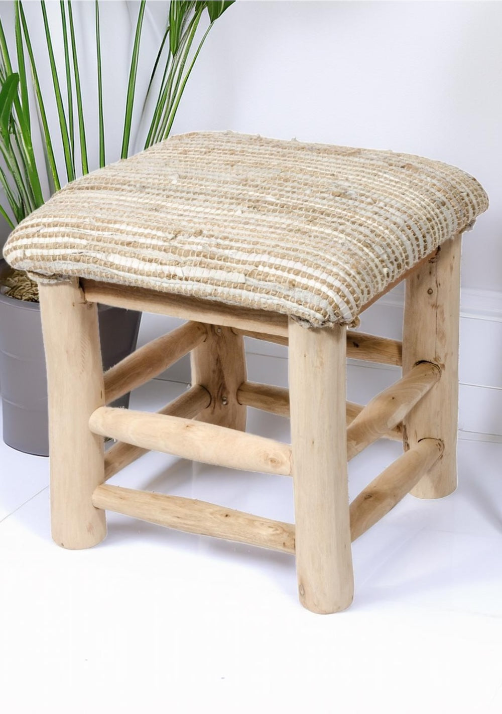 Handmade Natural Hemp Leather Wooden Stool - Second Nature Online