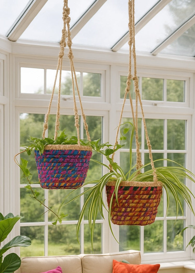 Two colourful hanging baskets made from recycled sari fabric and natural jute, displayed in a bright conservatory with trailing green plants.