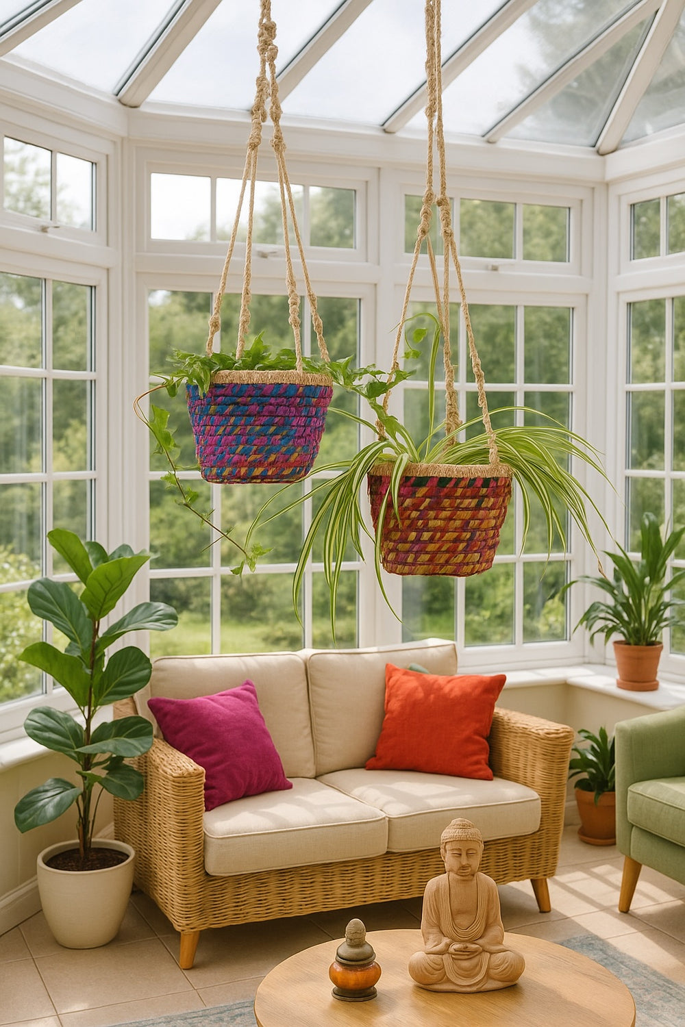 Two colourful hanging baskets made from recycled sari fabric and natural jute, displayed in a conservatory with trailing green plants.