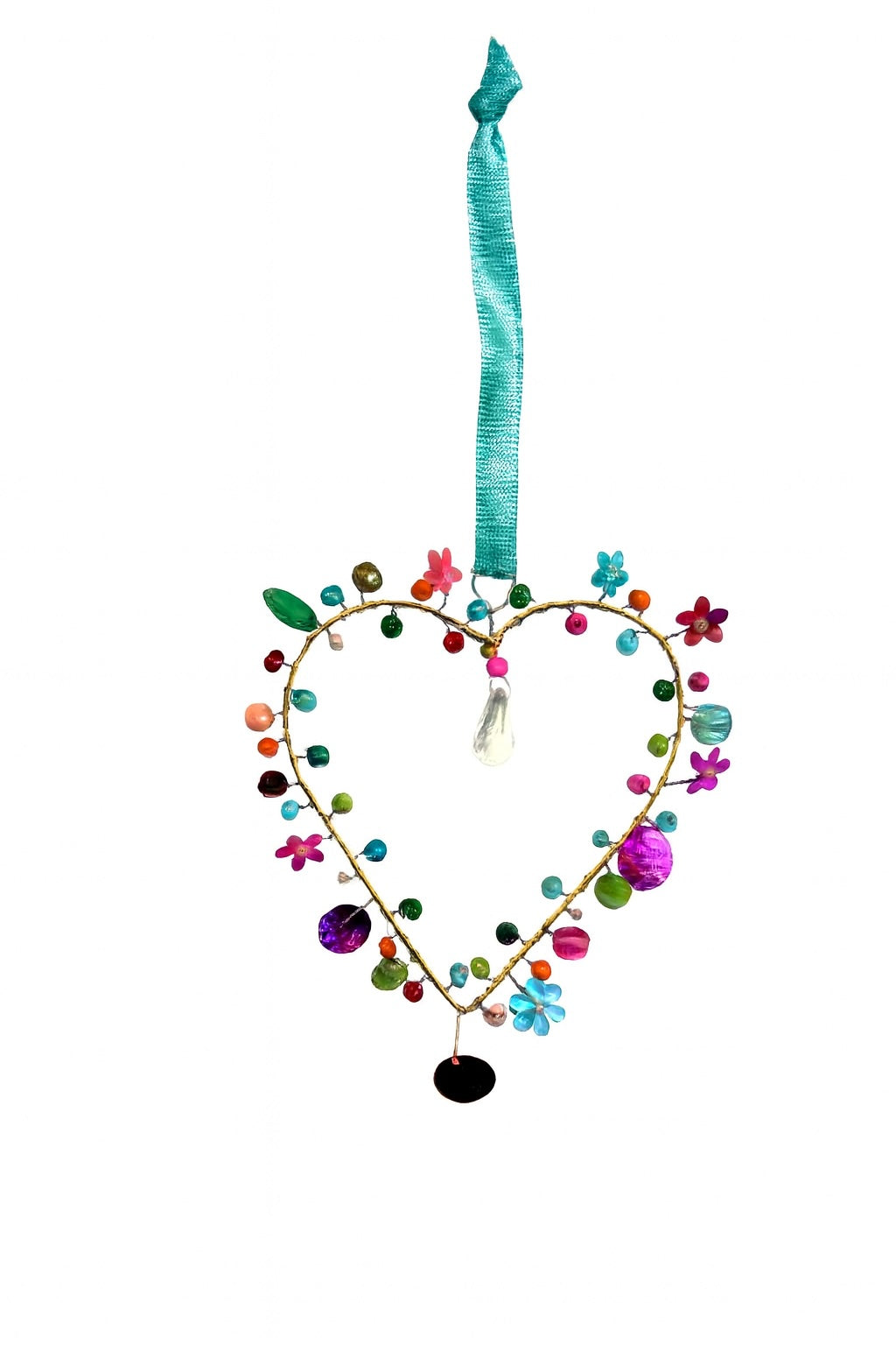 Heart-shaped decoration with colorful beads and a teal ribbon on a white background