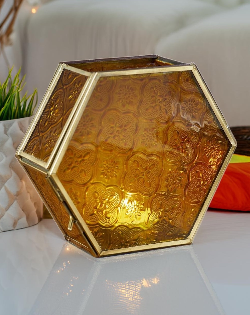 Yellow Hexagon Lantern T Light Holder Glass Metal Embossed Pattern