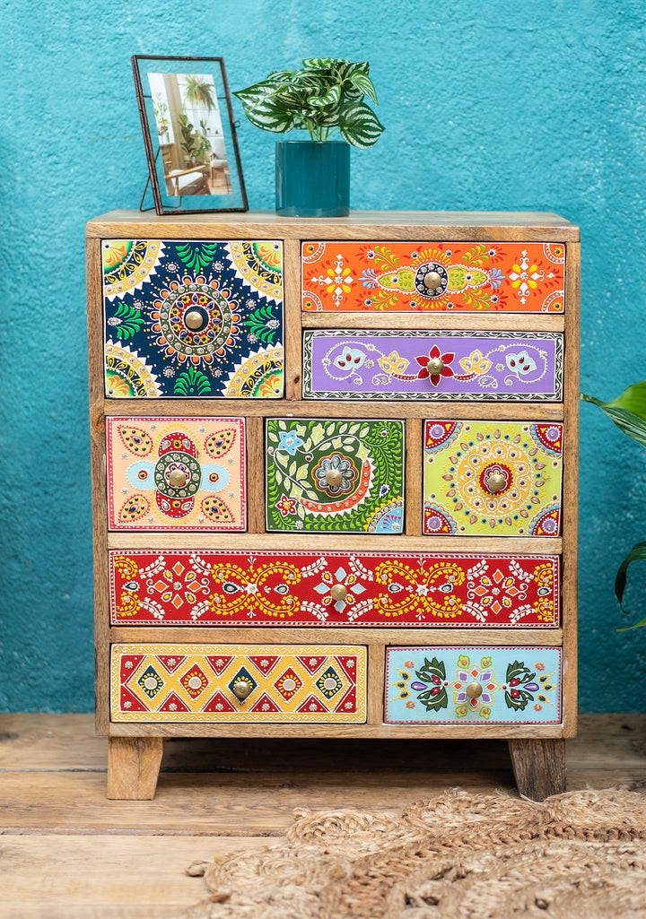 Daraaz Drawers Indian Mango Wood with 9 Drawers and Multi Colours