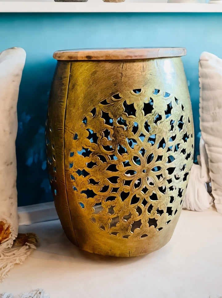 Jaali Indian Metal Hand Cut Lamp Table Stool With Wooden Top