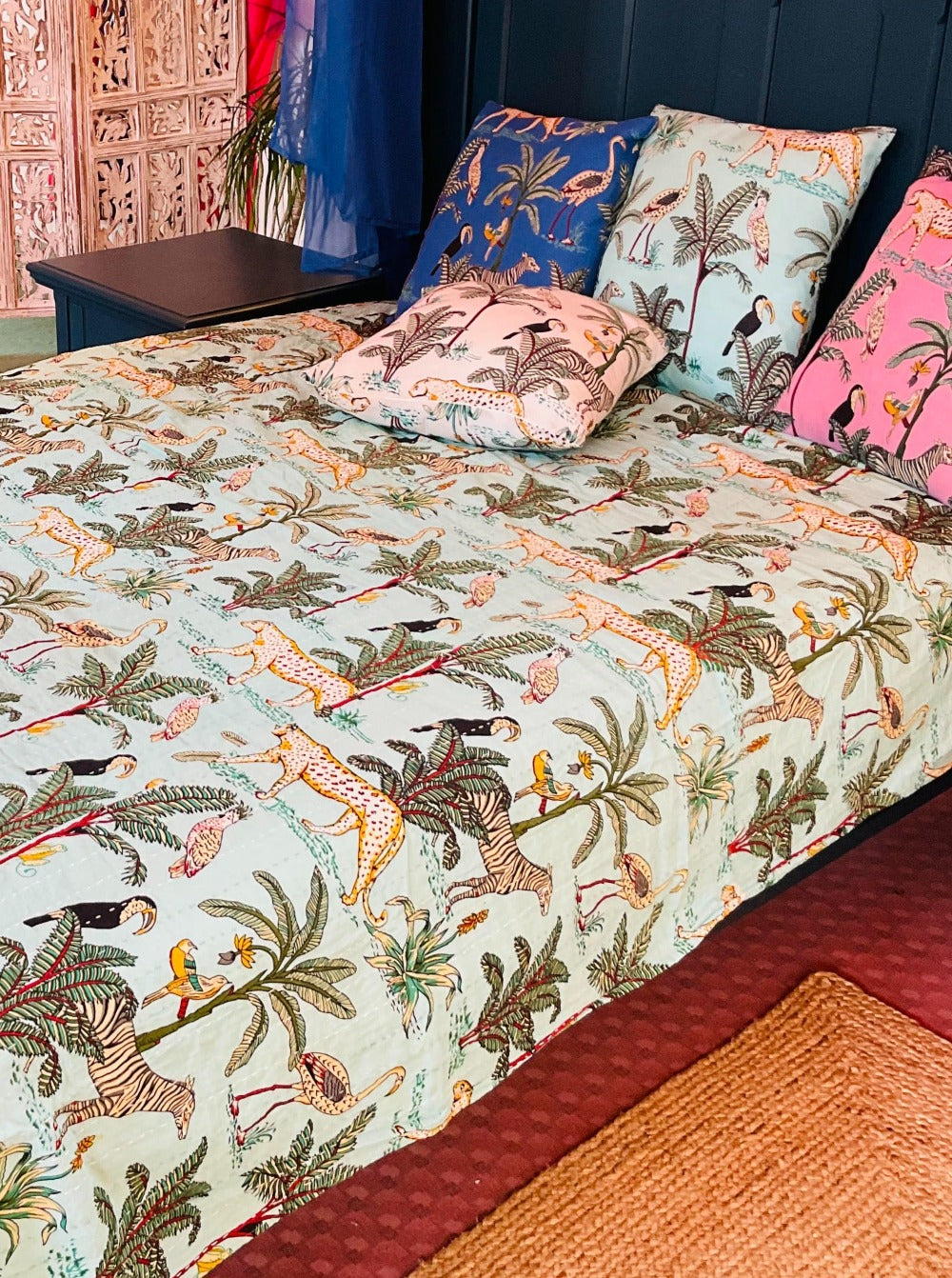 Green Kantha Bedcover Throw Indian Jungle Print