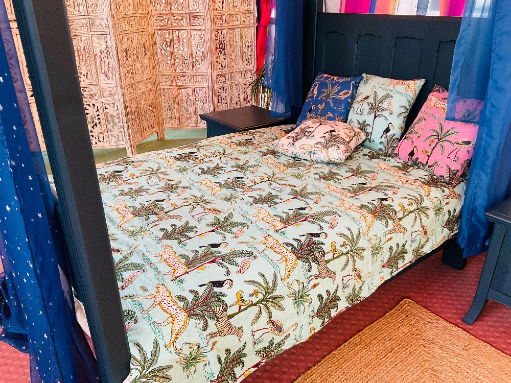 Jungle Cotton Print Bed Throw In Jade Green