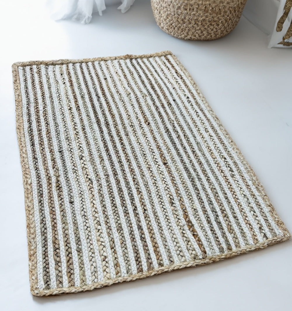 Jute Braided White Cream Striped Rug - Second Nature Online