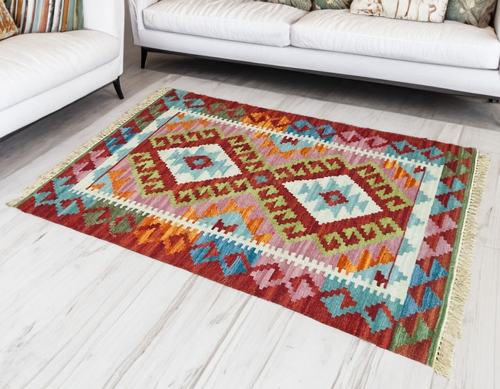 Diamond Kilim Rug Handwoven Wool and Cotton with Geometric Design