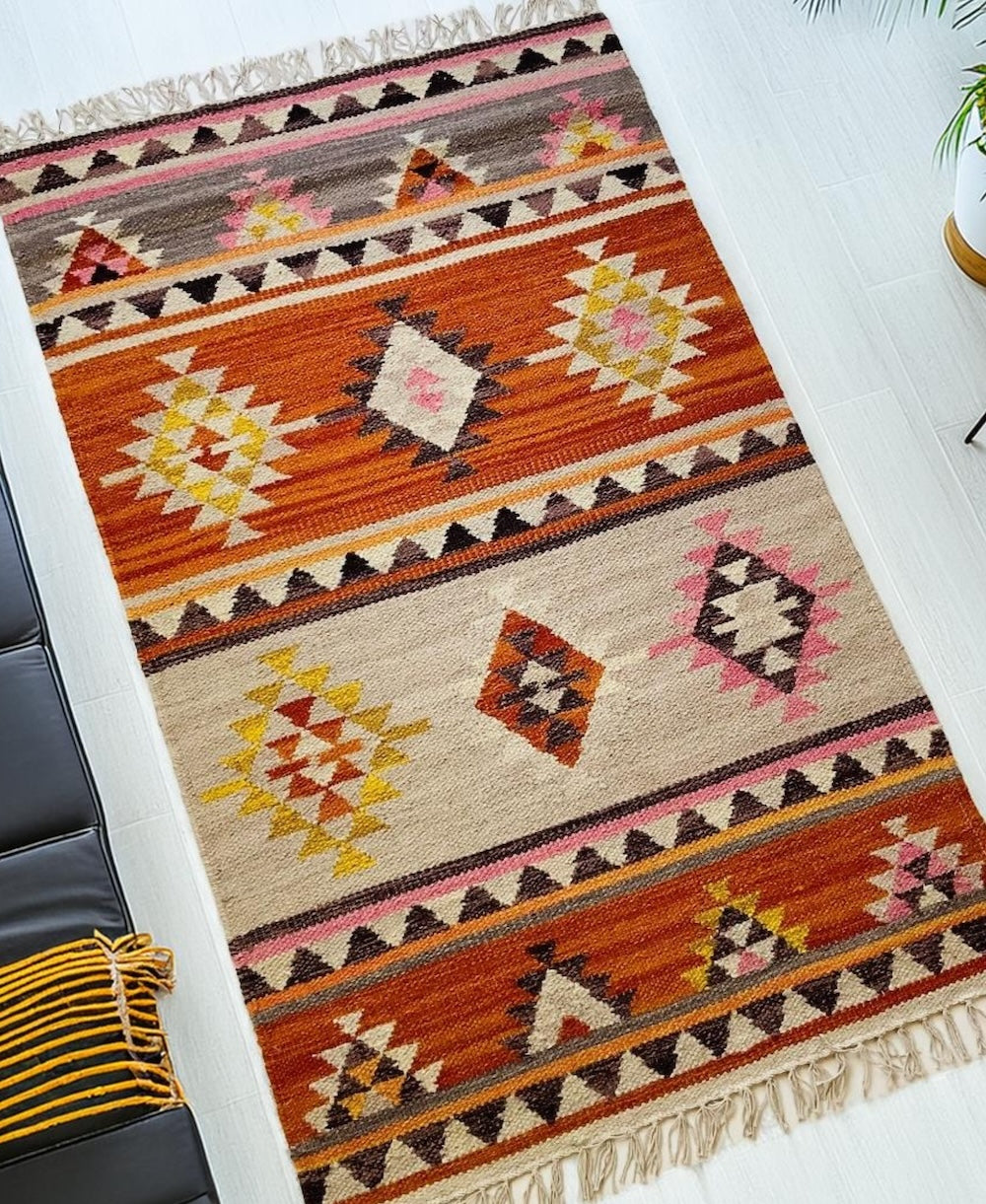 Kilim Geometric Orange Pink Grey Rug