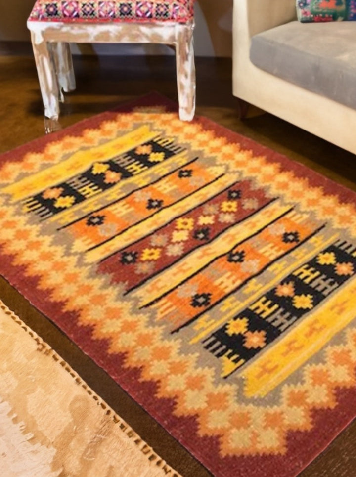 Orange Yellow Geometric Rug Cotton Jute Blend No Fringe Kilim