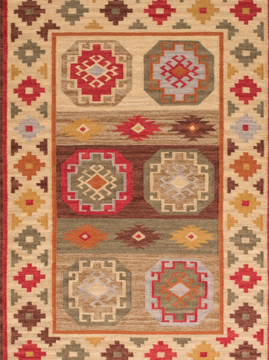 Natural Brown Multi Colour Geometric Wool Cotton Kilim Large Rug