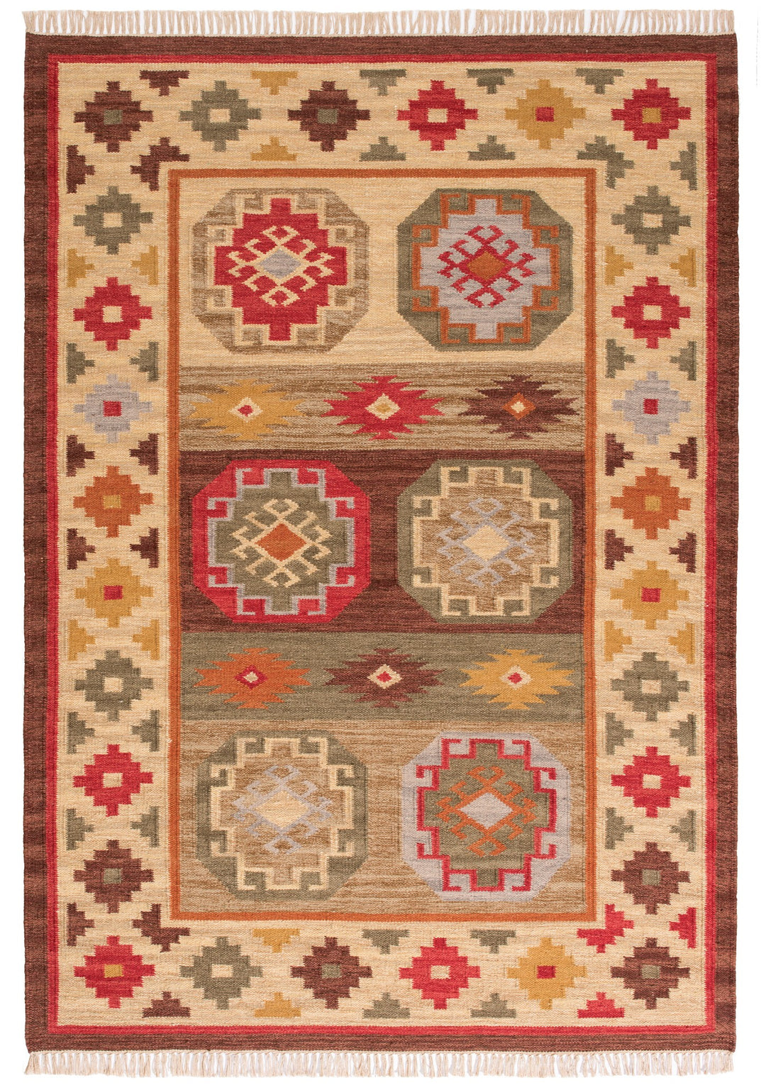 Natural Brown Multi Colour Geometric Wool Cotton Kilim Large Rug