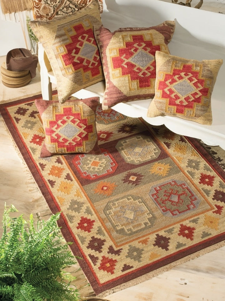 Natural Brown Multi Colour Geometric Wool Cotton Kilim Large Rug