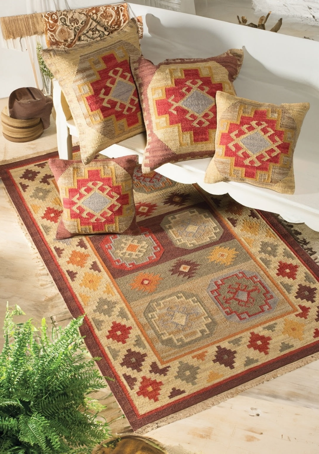 Natural Brown Multi Colour Geometric Wool Cotton Kilim Large Rug