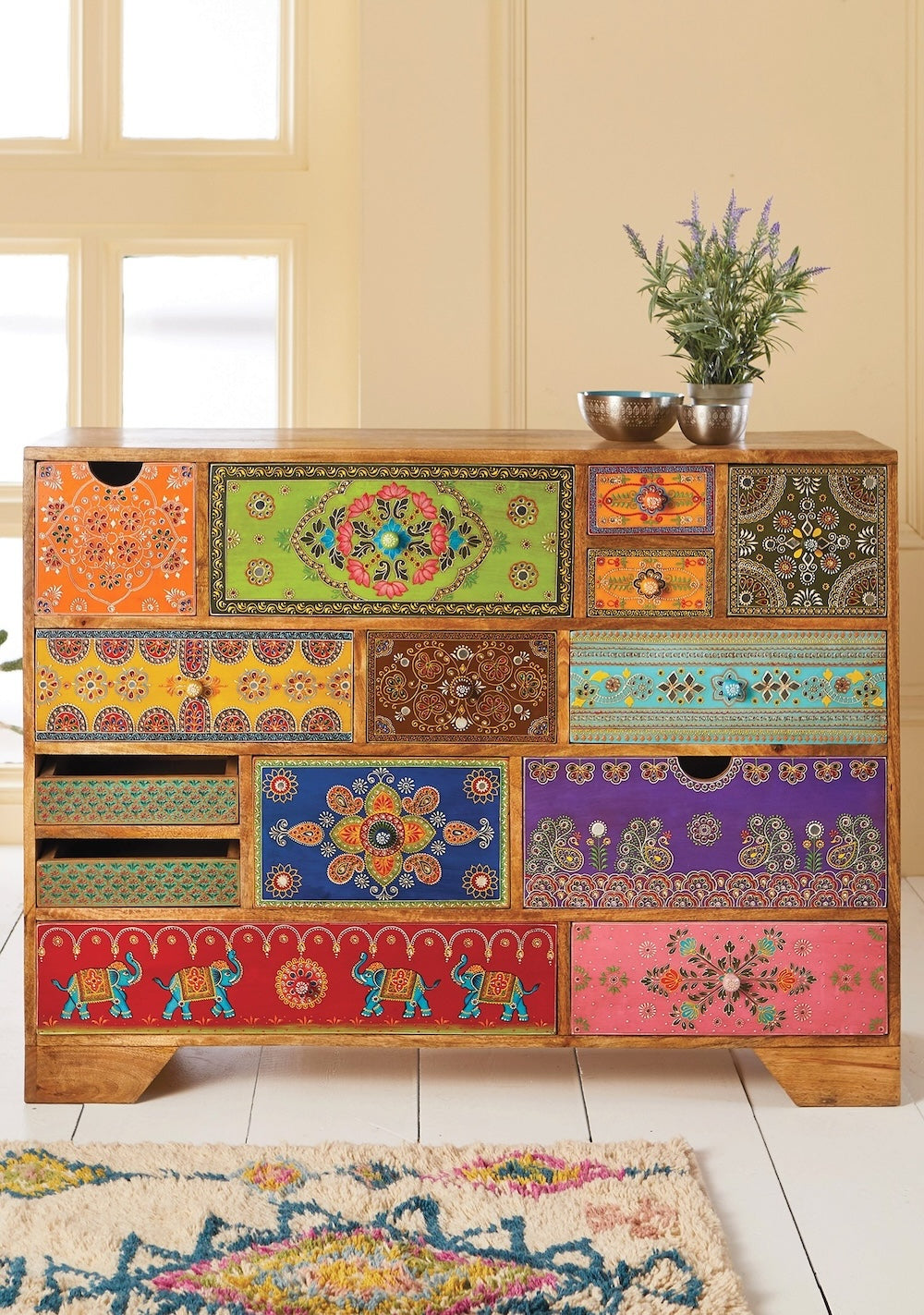 Daraaz Sideboard Large Indian Mango Wood with 14 Drawers and Multi Colours