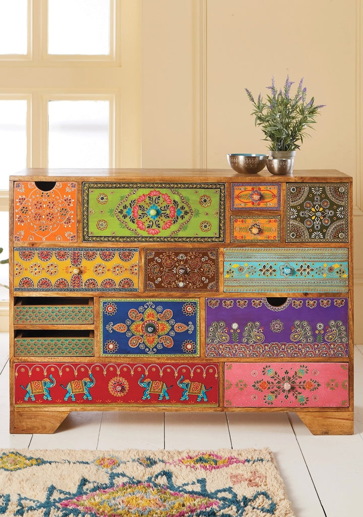 Daraaz Sideboard Large Indian Mango Wood with 14 Drawers and Multi Colours