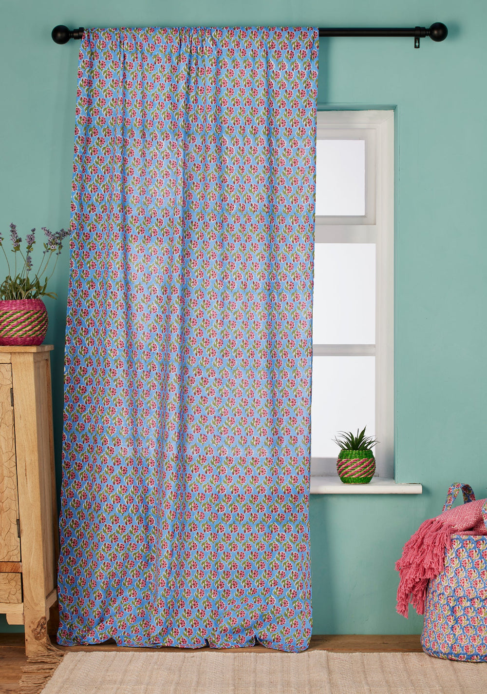 Light Blue Floral Cotton Curtain Panel Drape - Second Nature Online
