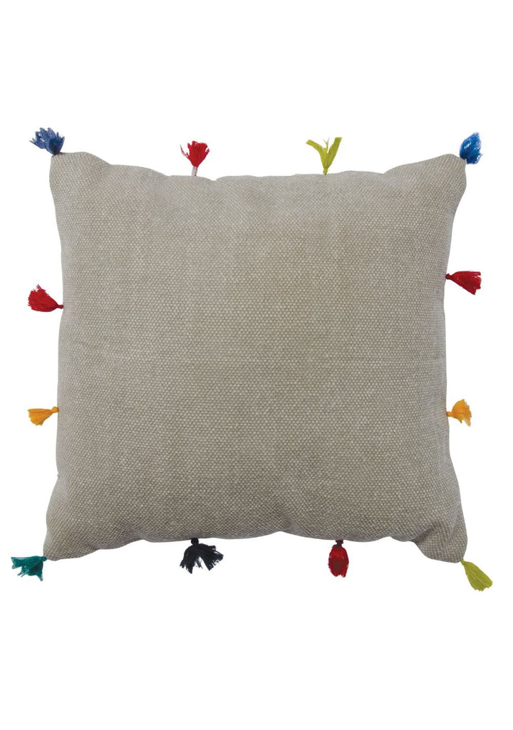 Light Grey Stone Washed Cotton Cushion Cover With Rainbow Tassles - Second Nature Online