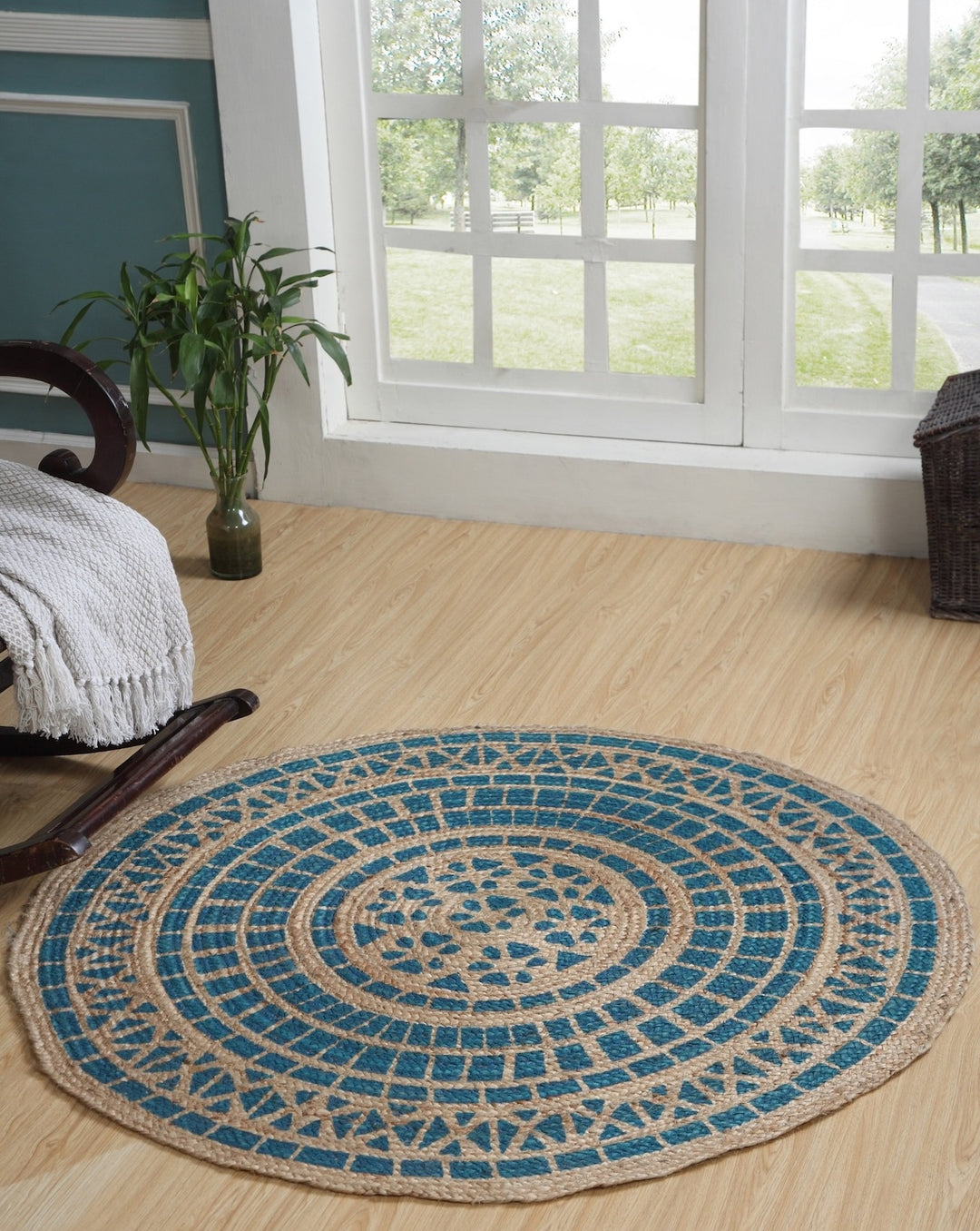 Mandala Pattern Round Turquoise Rug Jute with Block Print Second Nature Online