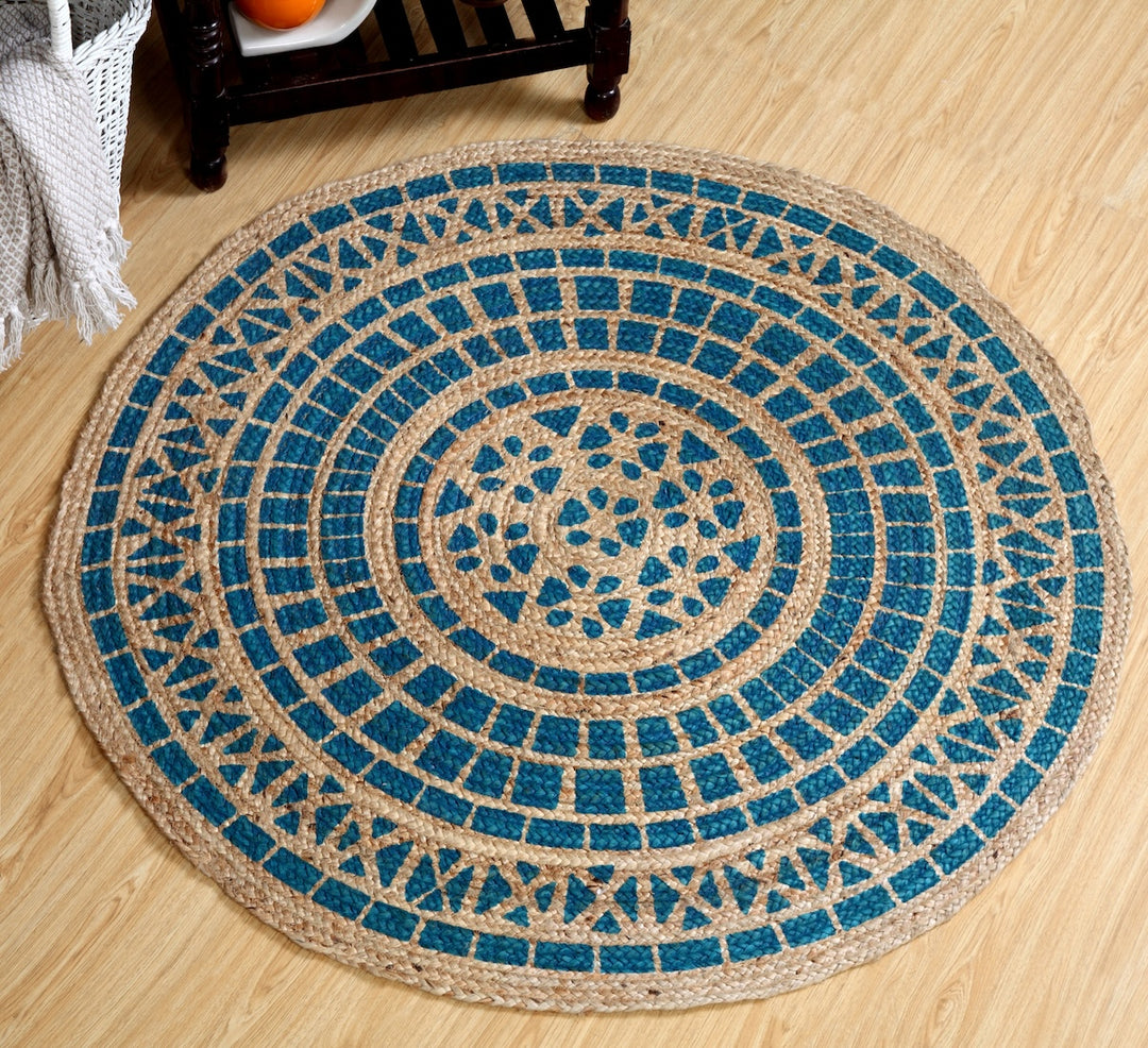 Mandala Turquoise Blockprint Jute Round Rug Second Nature Online