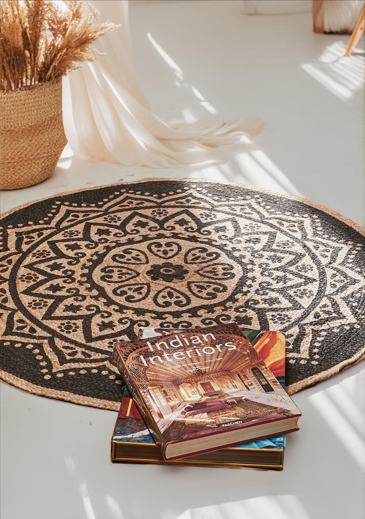 Natural Black Mandala Printed Jute Round Rug 90 cm Diameter