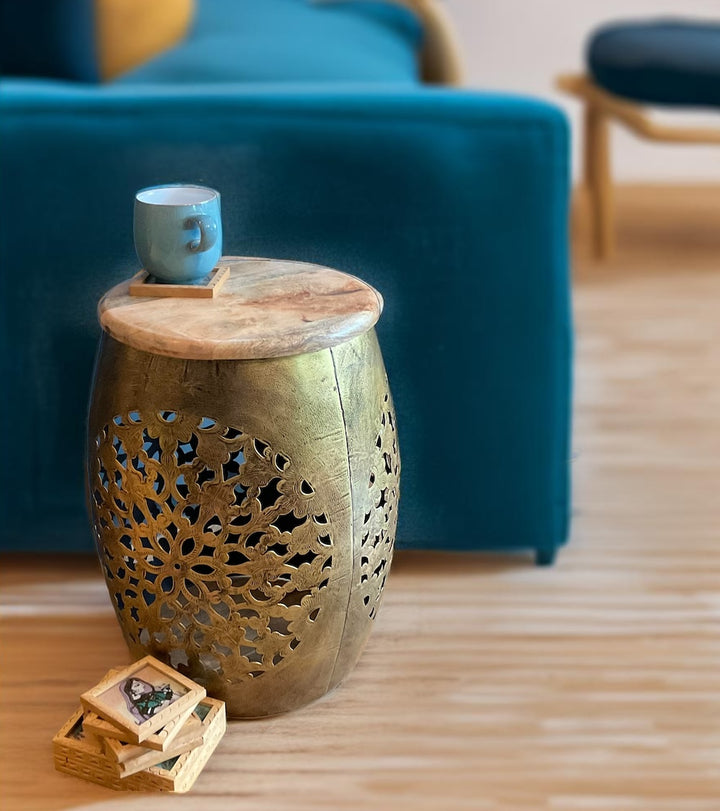 Jaali Indian Metal Hand Cut Lamp Table Stool With Wooden Top