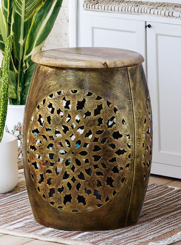 Jaali Indian Metal Hand Cut Lamp Table Stool With Wooden Top