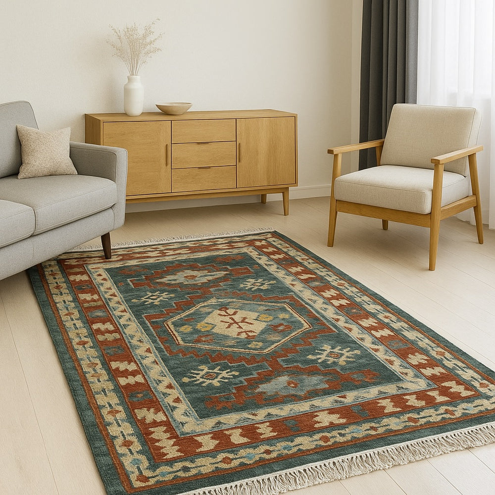 Indian Kilim Wool Rug in a Living Room Sideboard and two chairs
