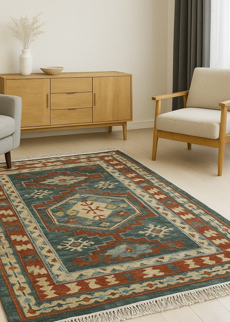 Blue Red Kilim Rug in a modern living room with two chairs
