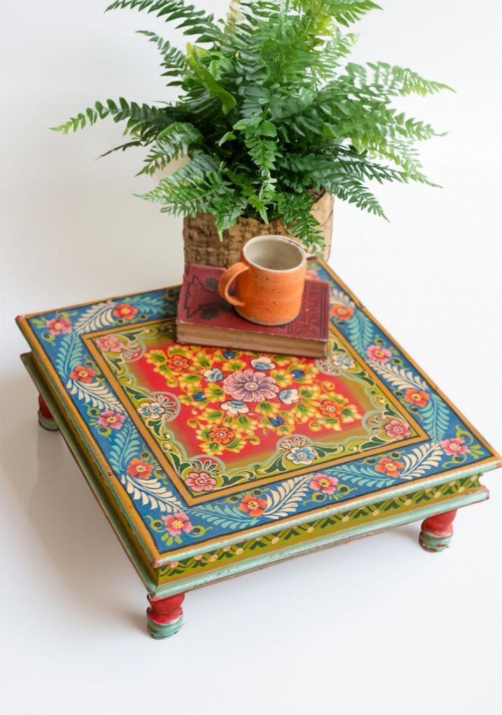 Vintage Handcrafted Mango Wood Bajot Table: Traditional Indian Elegant Coffee Table Side Table