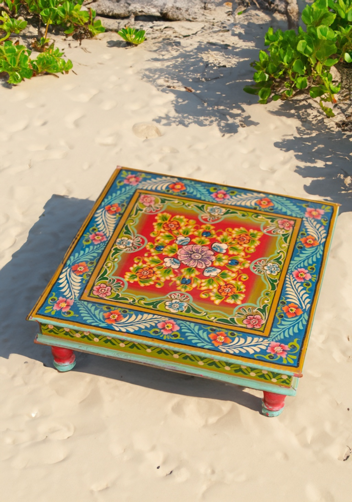 Vintage Handcrafted Mango Wood Bajot Table: Traditional Indian Elegant Coffee Table Side Table